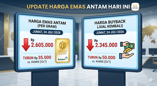 Harga Emas Antam, Jumat (24/7): Turun Rp 35.000 Jadi Rp 2.605.000 per Gram